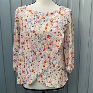 ZARA Multicolor Floral Long Sleeve Cross Flap Blouse